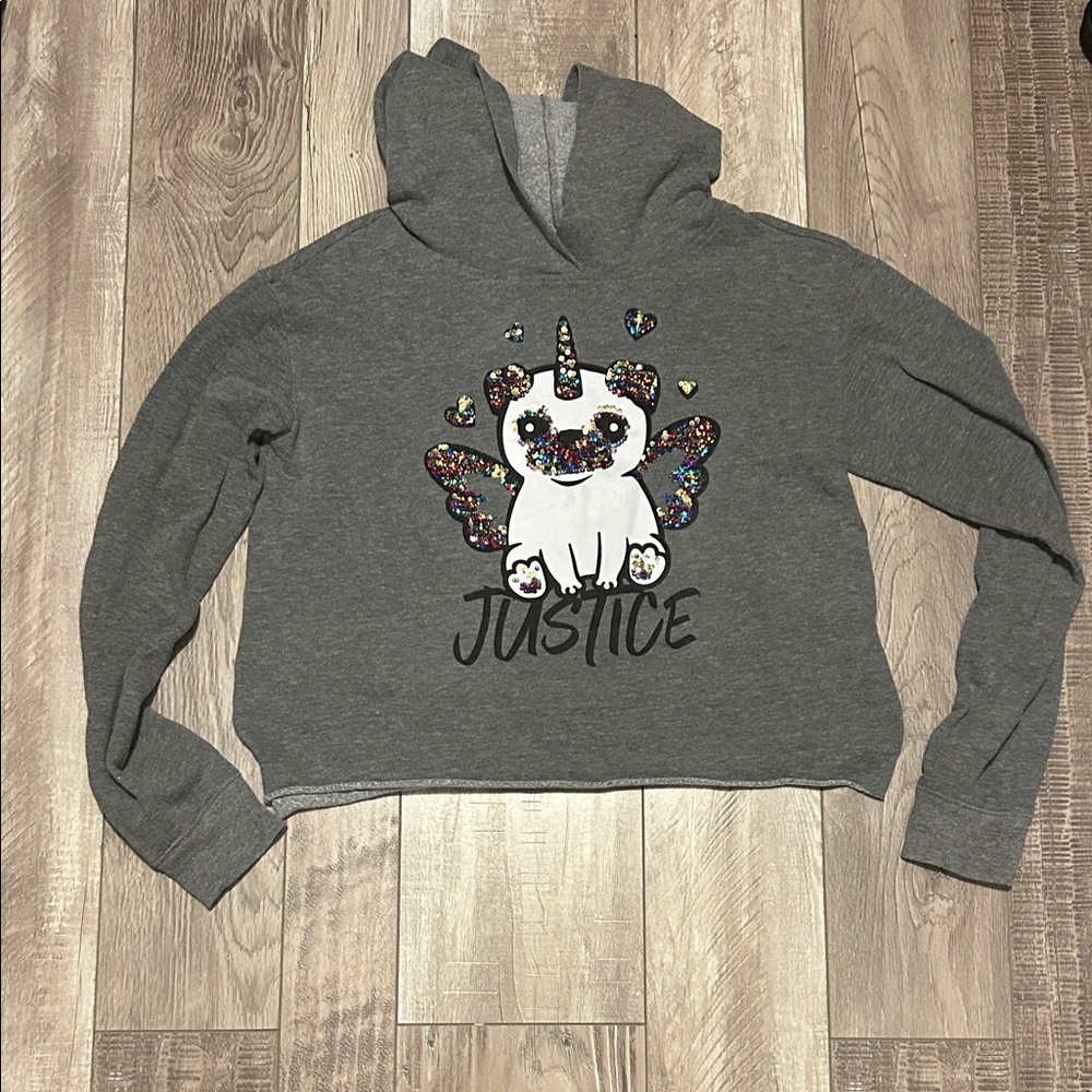 Justice Gray Crop Unicorn Hoodie